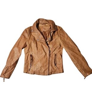 Women's Tan Faux Leather Moto Jacket Max Studio Size Medium